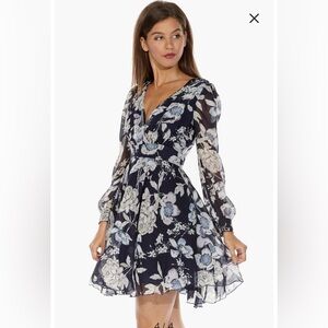 TFNC Navy Floral V-Neck Long Sleeve Chiffon Dress